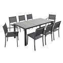 Mesa de jardín rectangular con tablero de cerámica efecto hormigón encerado de 185 x 95 cm, 6 sillas y 2 sillas con reposabrazos