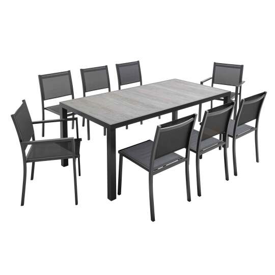 Mesa de jardín rectangular con tablero de cerámica efecto hormigón encerado de 185 x 95 cm, 6 sillas y 2 sillas con reposabrazos