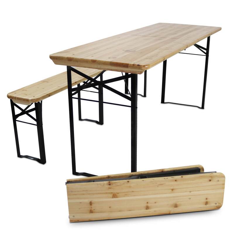 Conjunto mesa + 2 bancos de madera plegables 180 cm