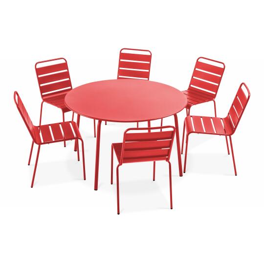 Mesa de jardín redonda y 6 sillas de metal resistente y diseño | Oviala