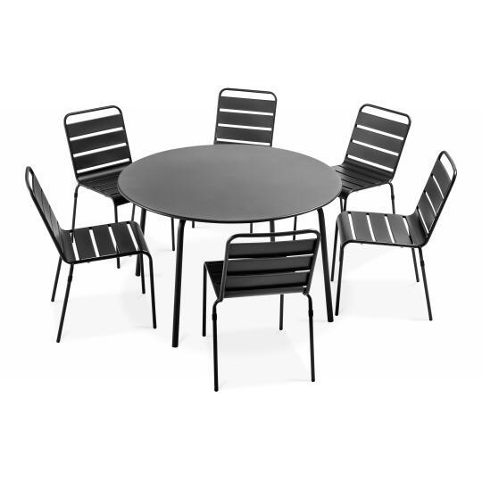 Mesa de jardín redonda y 6 sillas de metal resistente y diseño | Oviala