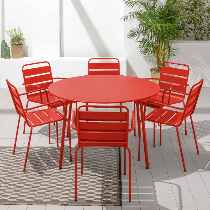 Mesa de jardín redonda Ø120 x 72 cm y 6 sillas de metal