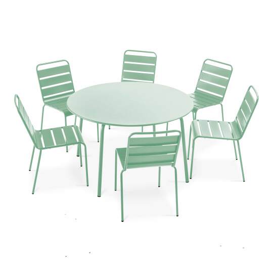 Mesa de jardín redonda y 6 sillas de metal resistente y diseño | Oviala