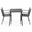 Mesa de jardín cuadrada 70 x 70 cm y 2 sillas de metal apilables con reposabrazos (1/7)