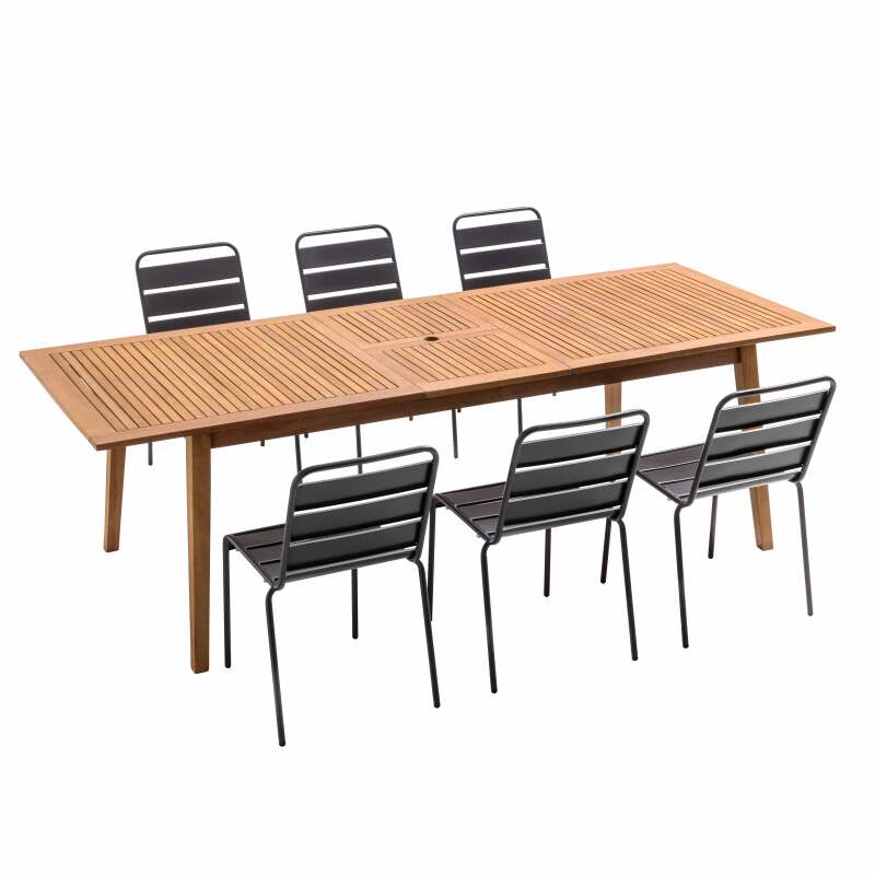 Mesa de jardín rectangular extensible de madera FSC® y 6 sillas de metal