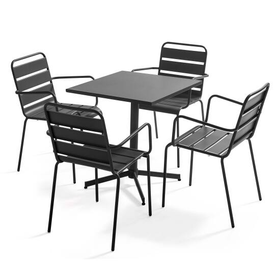 Mesa de jardín bistró cuadrada de 70 x 70 cm plegable y 4 sillas con brazos de metal