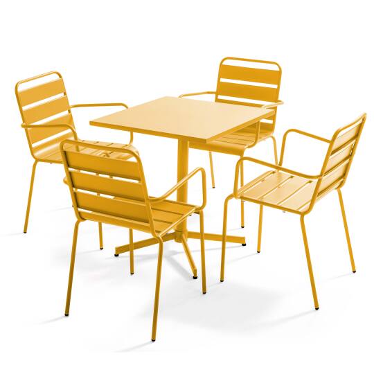 Mesa de jardín bistro cuadrada inclinable de metal 70x70 cm y 4 sillas con reposabrazos | Oviala