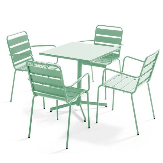 Mesa de jardín bistro cuadrada inclinable de metal 70x70 cm y 4 sillas con reposabrazos | Oviala