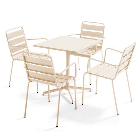 Mesa de jardín bistró cuadrada de 70 x 70 cm plegable y 4 sillas con brazos de metal