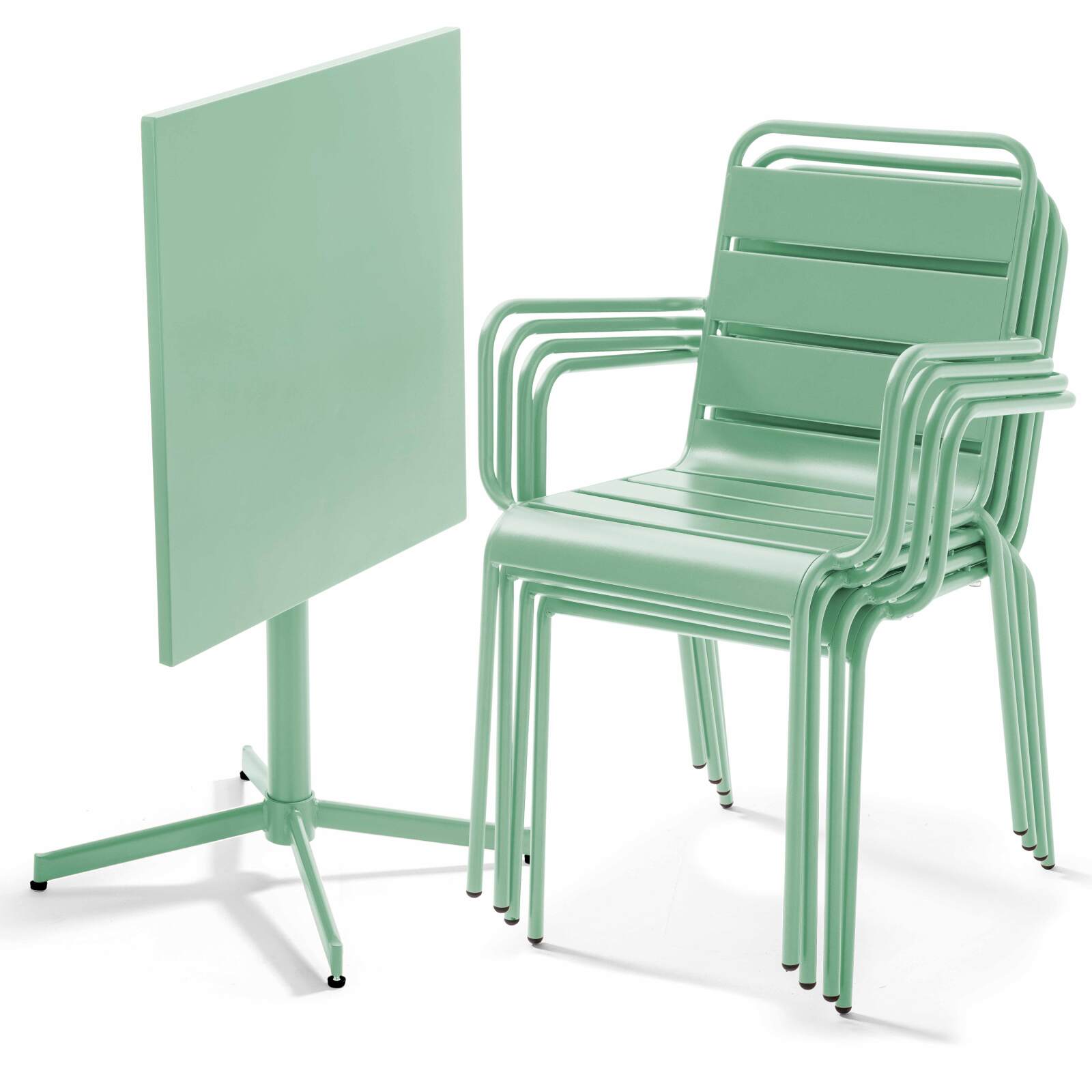 Mesa de jardín bistró cuadrada de 70 x 70 cm plegable y 4 sillas con brazos de metal