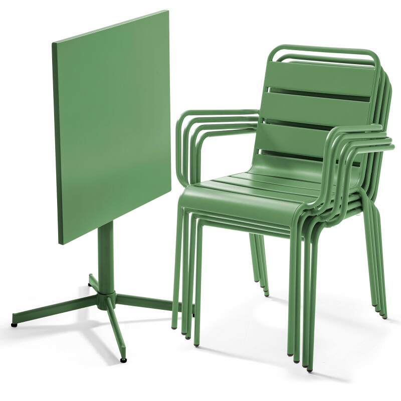 Mesa de jardín bistró cuadrada de 70 x 70 cm plegable y 4 sillas con brazos de metal