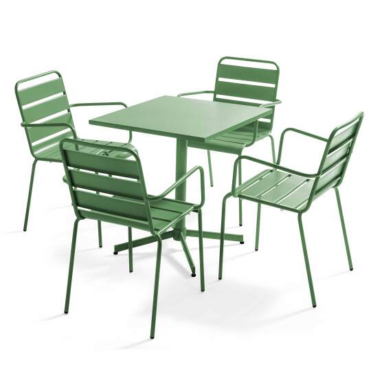Mesa de jardín bistró cuadrada de 70 x 70 cm plegable y 4 sillas con brazos de metal