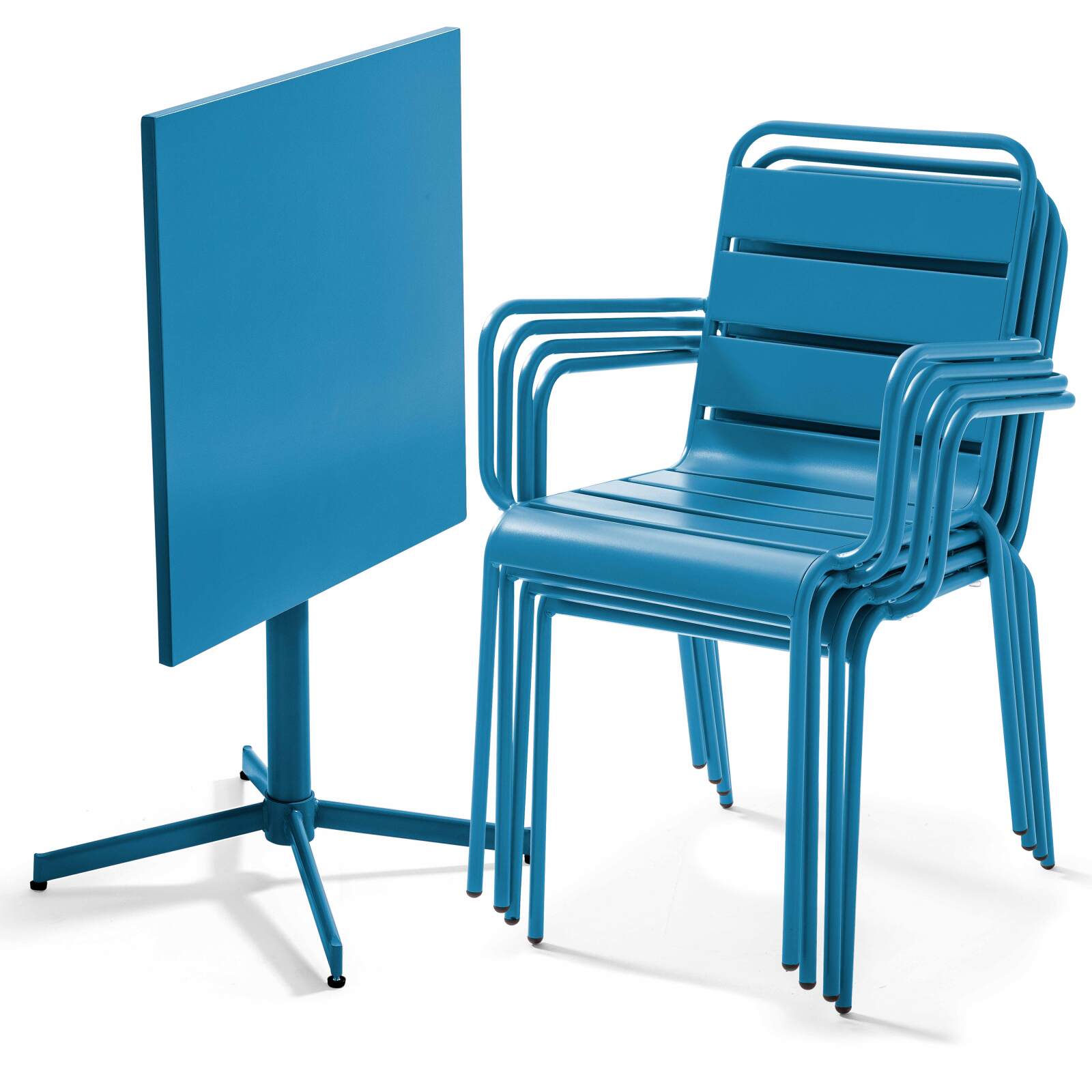 Mesa de jardín bistró cuadrada de 70 x 70 cm plegable y 4 sillas con brazos de metal