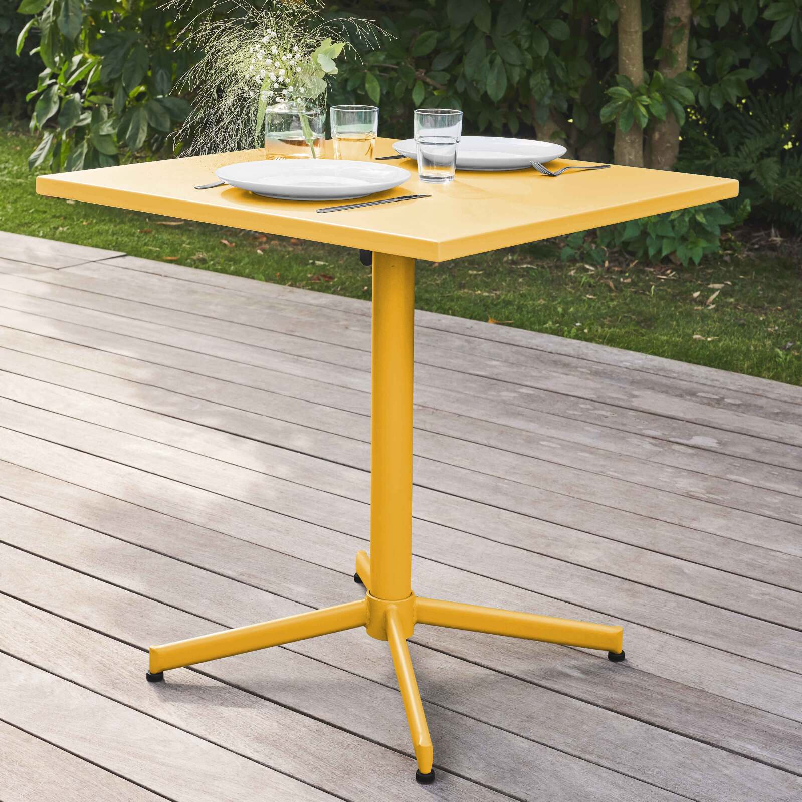 Mesa de jardín bistró cuadrada de 70 x 70 cm plegable y 4 sillas con brazos de metal