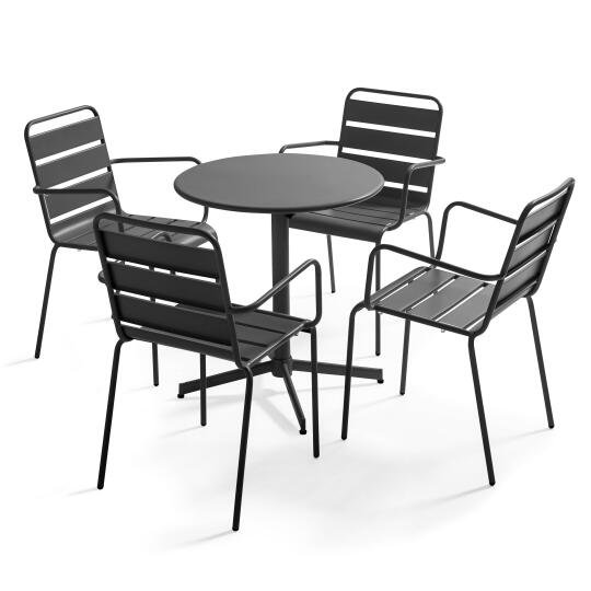 Mesa de jardín plegable de estilo bistró ⌀70 x 72 cm y 4 sillas con brazos de metal