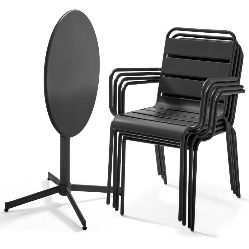 Mesa de jardín plegable de estilo bistró ⌀70 x 72 cm y 4 sillas con brazos de metal