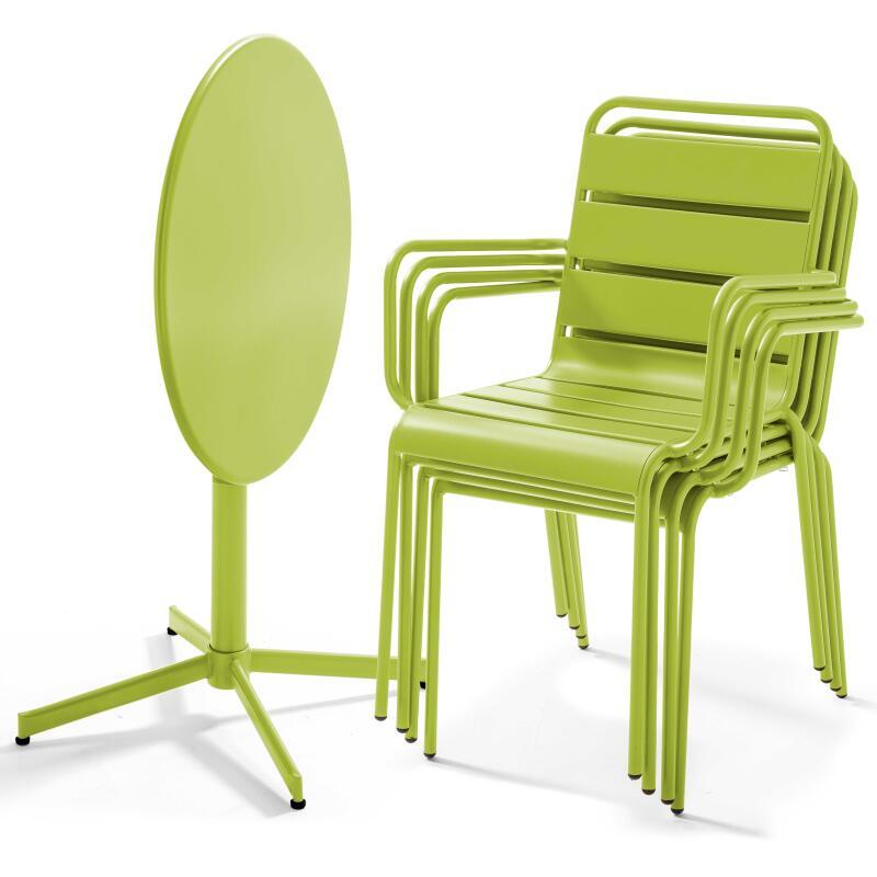 Mesa de jardín plegable de estilo bistró ⌀70 x 72 cm y 4 sillas con brazos de metal