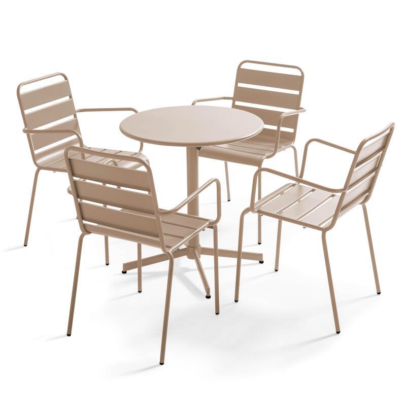 Mesa de jardín plegable de estilo bistró ⌀70 x 72 cm y 4 sillas con brazos de metal