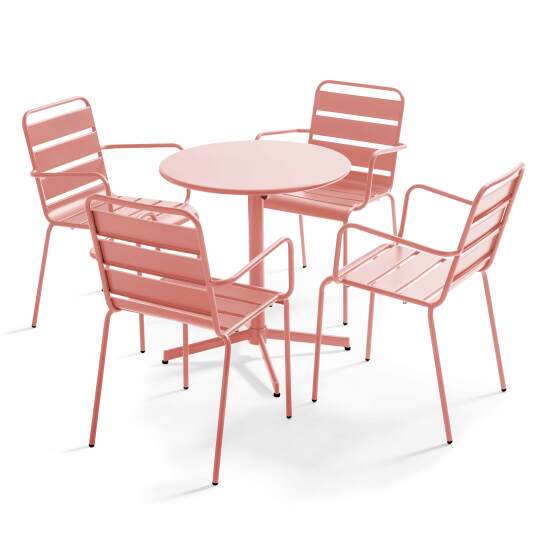 Mesa de jardín plegable de estilo bistró ⌀70 x 72 cm y 4 sillas con brazos de metal
