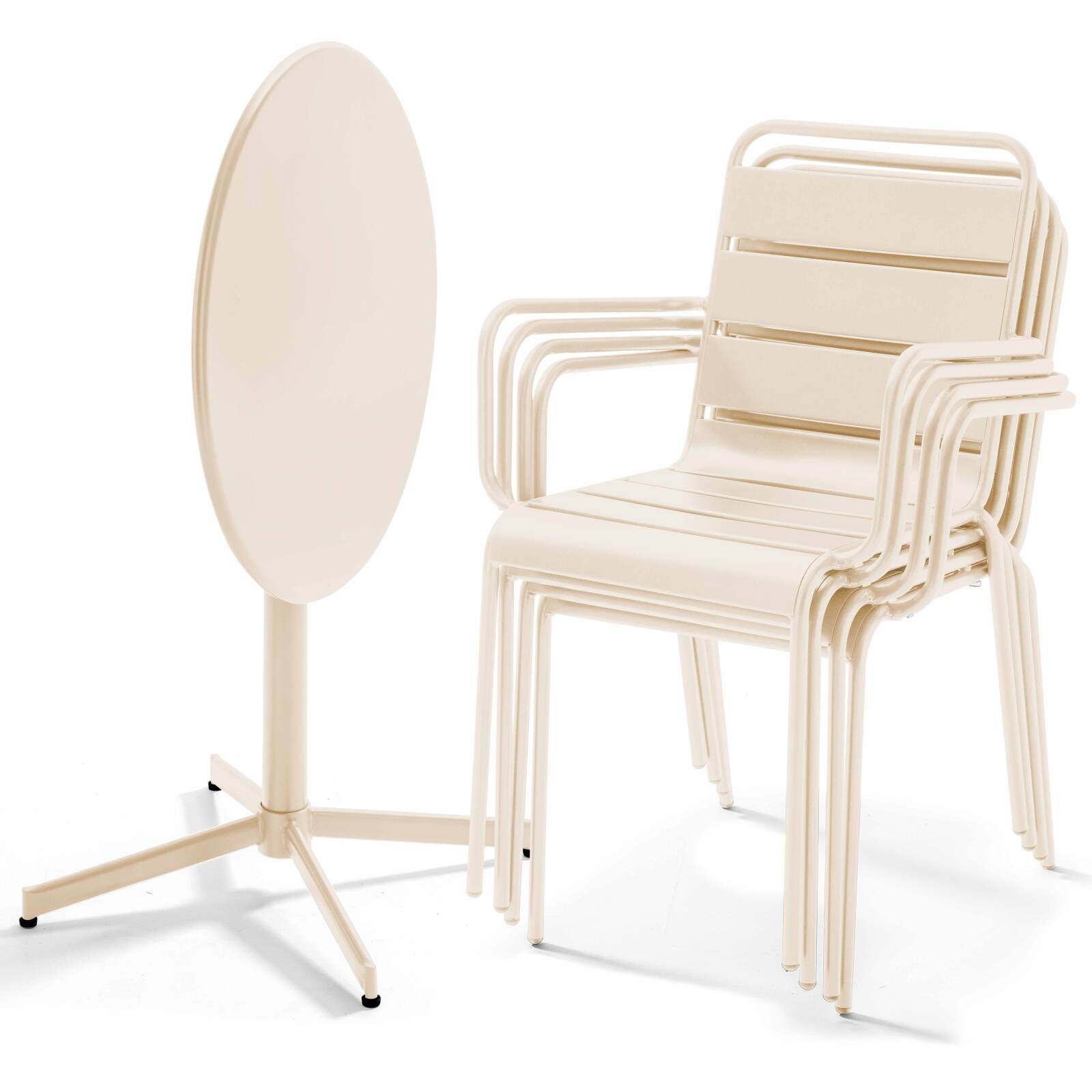 Mesa de jardín plegable de estilo bistró ⌀70 x 72 cm y 4 sillas con brazos de metal