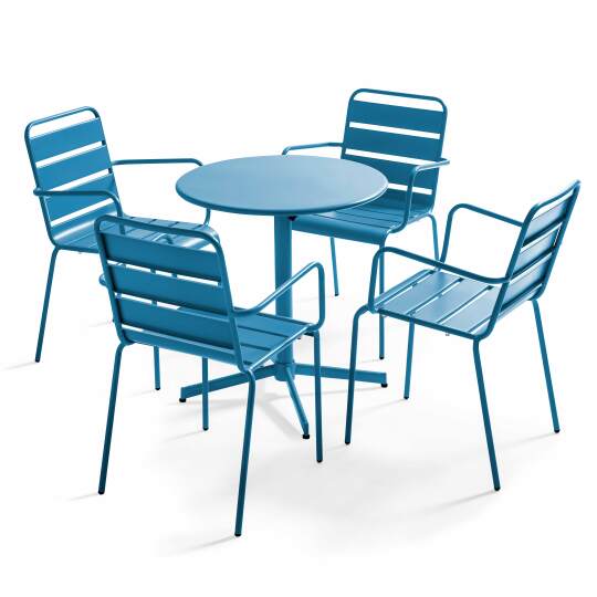 Mesa de jardín bistro redonda inclinable de metal Ø70 cm y 4 sillas con reposabrazos | Oviala