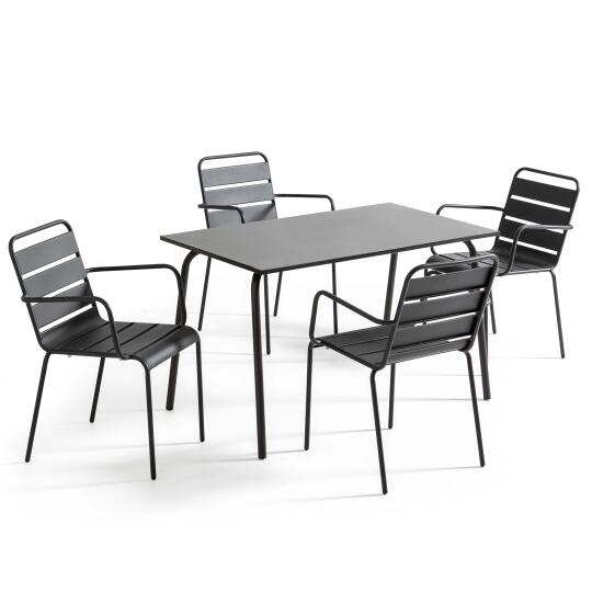 Mesa de jardín rectangular de 120 x 70 cm y 4 sillas con brazos de metal