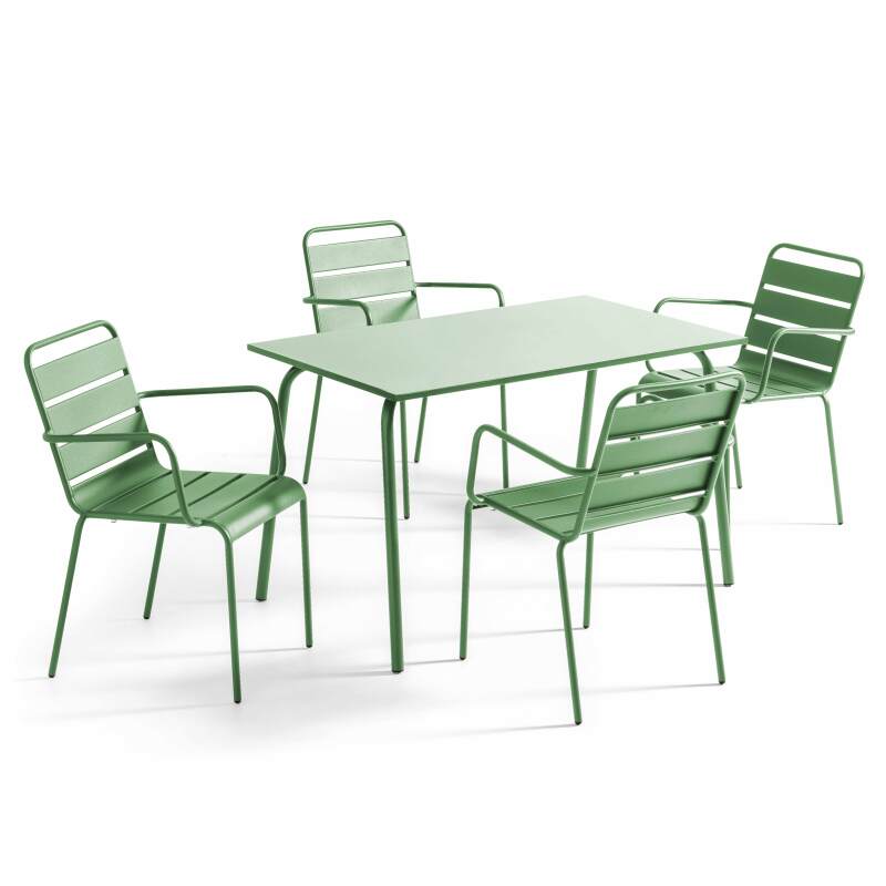 Mesa de jardín rectangular de 120 x 70 cm y 4 sillas con brazos de metal