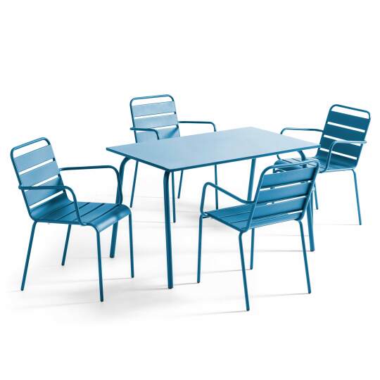 Mesa de jardín de metal 120x70 cm y 4 sillas con reposabrazos | Oviala