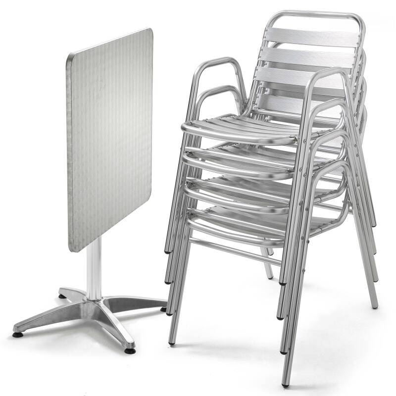 Mesa de jardín bistró inclinable de 70 x 70 cm y 4 sillas con reposabrazos de aluminio