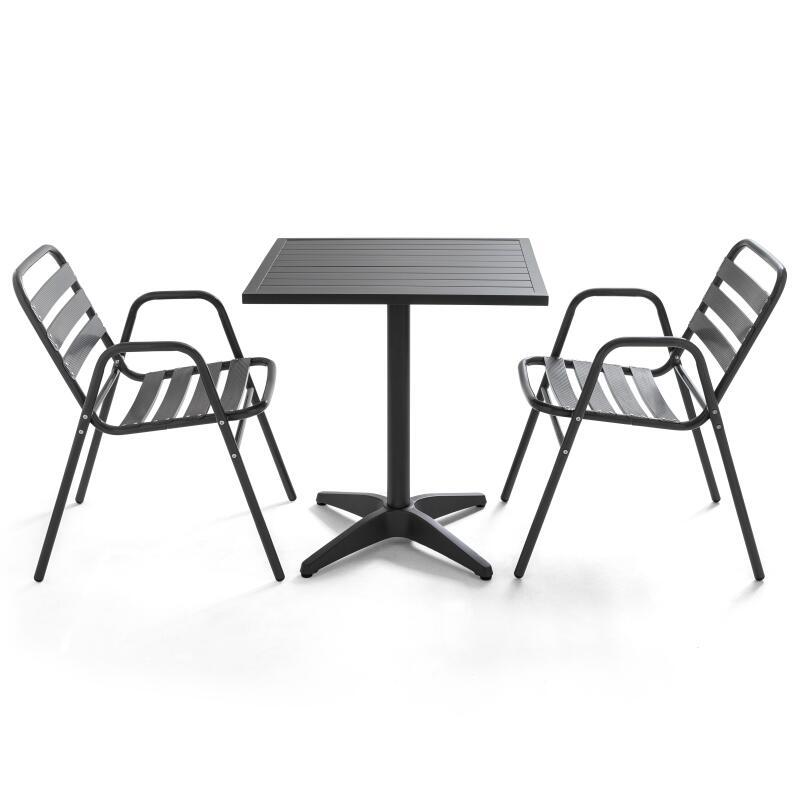 Mesa de jardín bistró gris y 2 sillas con reposabrazos de aluminio