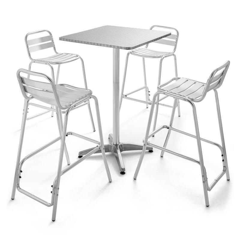 Mesa de jardín alta y 4 sillas altas de aluminio