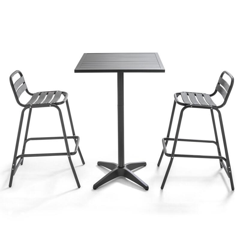 Mesa de jardín alta de 60 x 60 cm en color gris y 2 sillas altas de aluminio