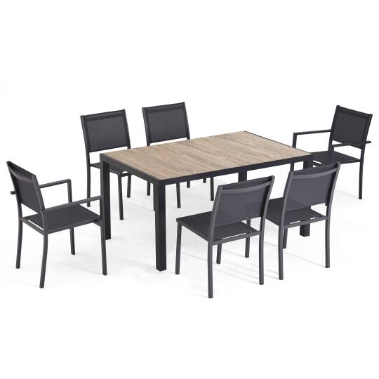 Mesa de jardín rectangular con tablero de cerámica efecto madera de 146 x 100 cm, 4 sillas y 2 sillones