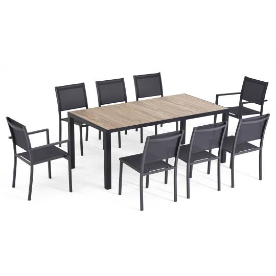 Mesa de jardín rectangular con tablero de cerámica efecto madera, 166 x 100 cm, 6 sillas y 2 sillas con reposabrazos