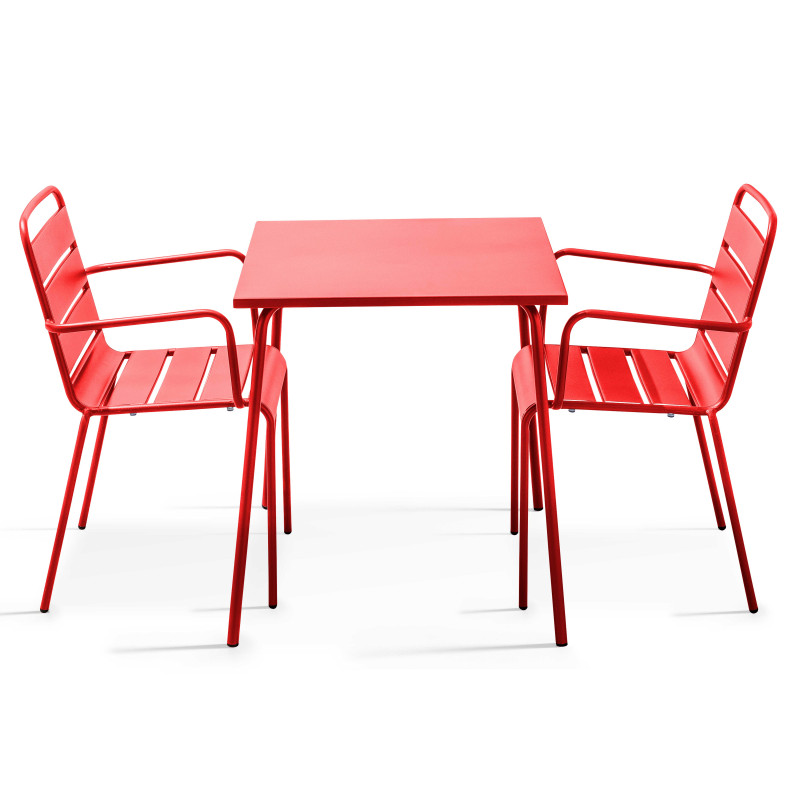 Mesa de jardín bistro cuadrada de metal 70x70 cm y 2 sillas con reposabrazos (1/6)