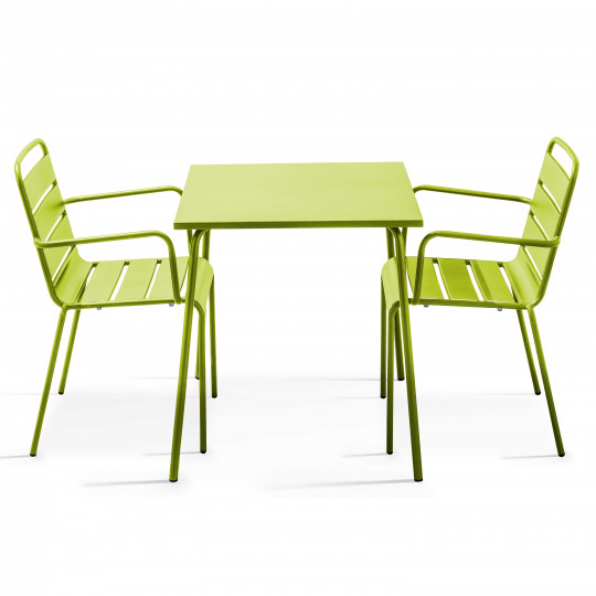 Mesa de jardín bistro cuadrada de metal 70x70 cm y 2 sillas con reposabrazos (1/5)