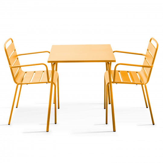 Mesa de jardín bistro cuadrada de metal 70x70 cm y 2 sillas con reposabrazos (1/6)