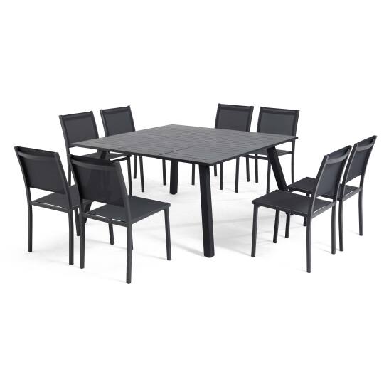 Mesa de jardín cuadrada de 145 x 145 cm extensible con 8 sillas