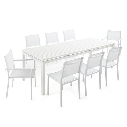 Mesa de jardín rectangular extensible de aluminio con 6 sillas y 2 sillas con reposabrazos