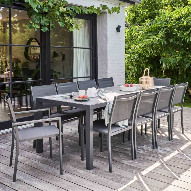 Mesa de jardín con tablero de cerámica efecto hormigón (185 x 95 x 74 cm)