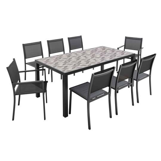 Mesa de jardín de aluminio y cerámica con diseño Tilt + 6 sillas y 2 sillones