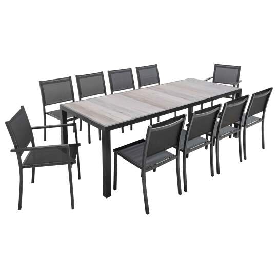 Mesa de jardín de aluminio y cerámica efecto madera 230x95 cm y 10 sillas de textilene | Oviala