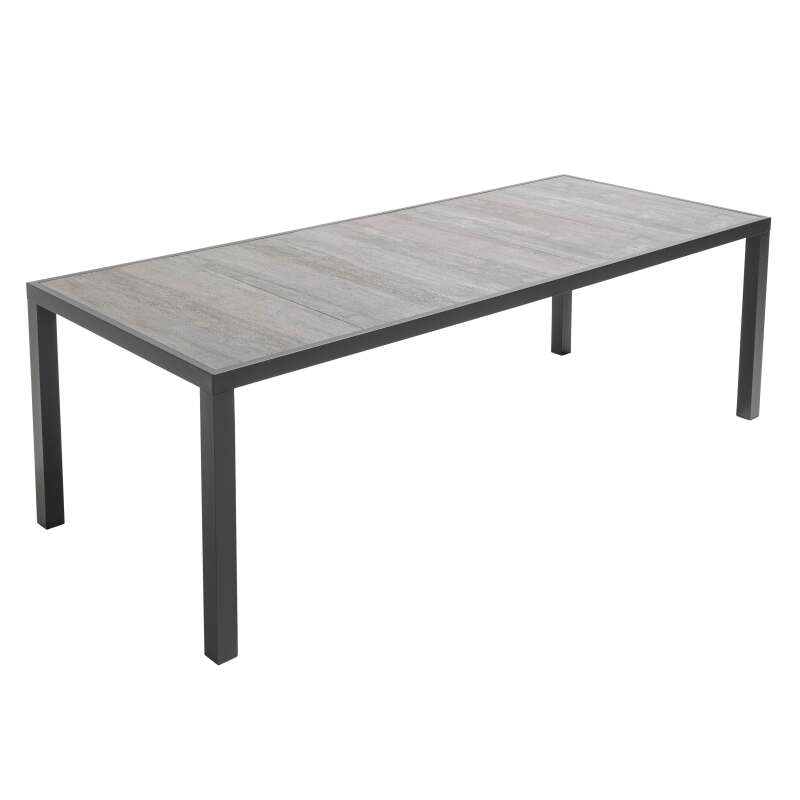 Mesa de jardín rectangular de cerámica con efecto de hormigón encerado de 230 x 95 cm con 8 sillas y 2 sillas con reposabrazos