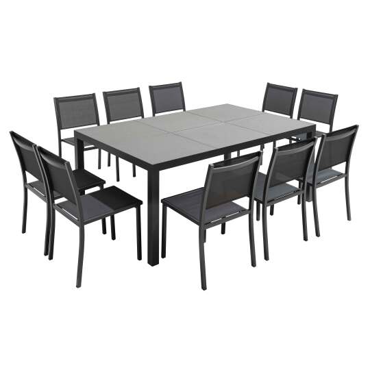Mesa de jardín de 182 x 121 cm con tablero de cerámica con efecto de hormigón encerado y 10 sillas