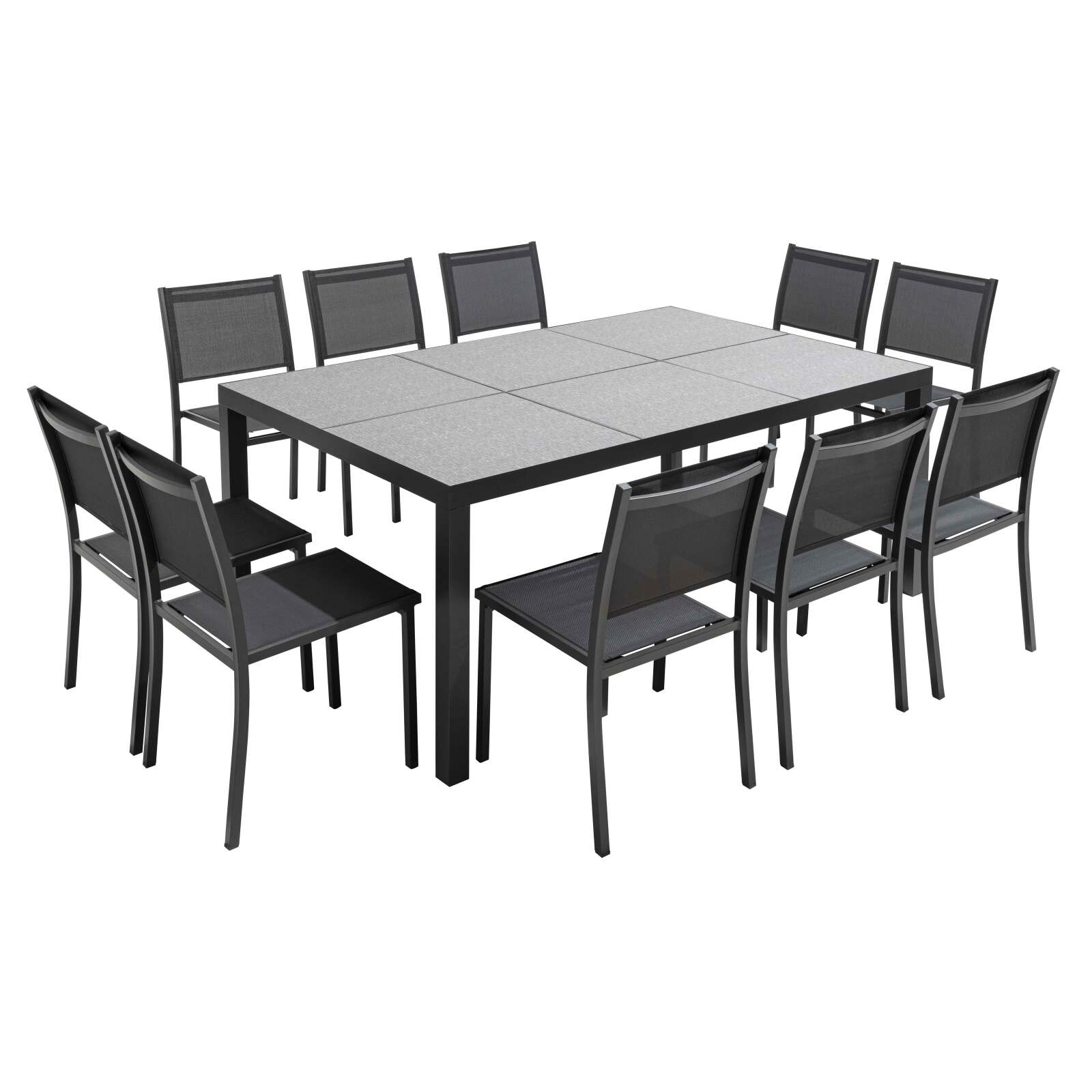 Mesa de jardín de 182 x 121 cm con tablero de cerámica con diseño de tela y 10 sillas Mesa de jardín de 182 x 121 cm con tablero de cerámica con diseño de tela y 10 sillas