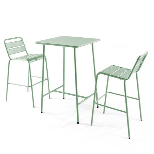 Mesa alta de jardín bistro cuadrada de metal 70x70 cm y 2 sillas altas | Oviala