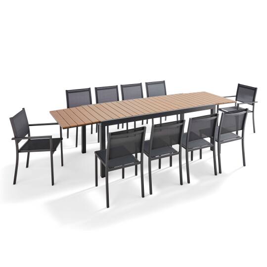 Mesa de jardín rectangular extensible con 8 sillas y 2 sillas con reposabrazos