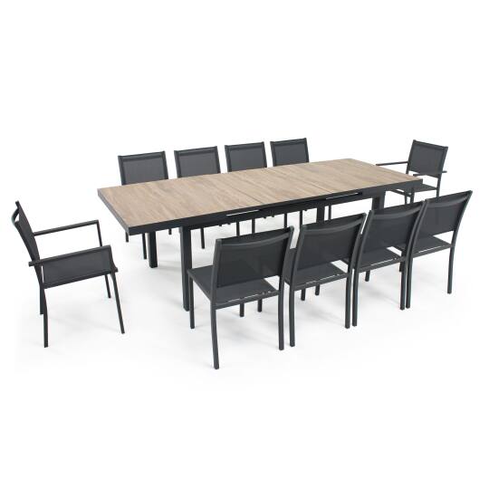 Mesa de jardín rectangular extensible con tablero de cerámica efecto madera, 8 sillas y 2 sillas con reposabrazos