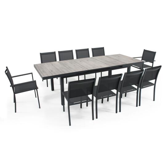 Mesa de jardín rectangular extensible con tablero de cerámica imitación madera, con 8 sillas y 2 sillas con reposabrazos