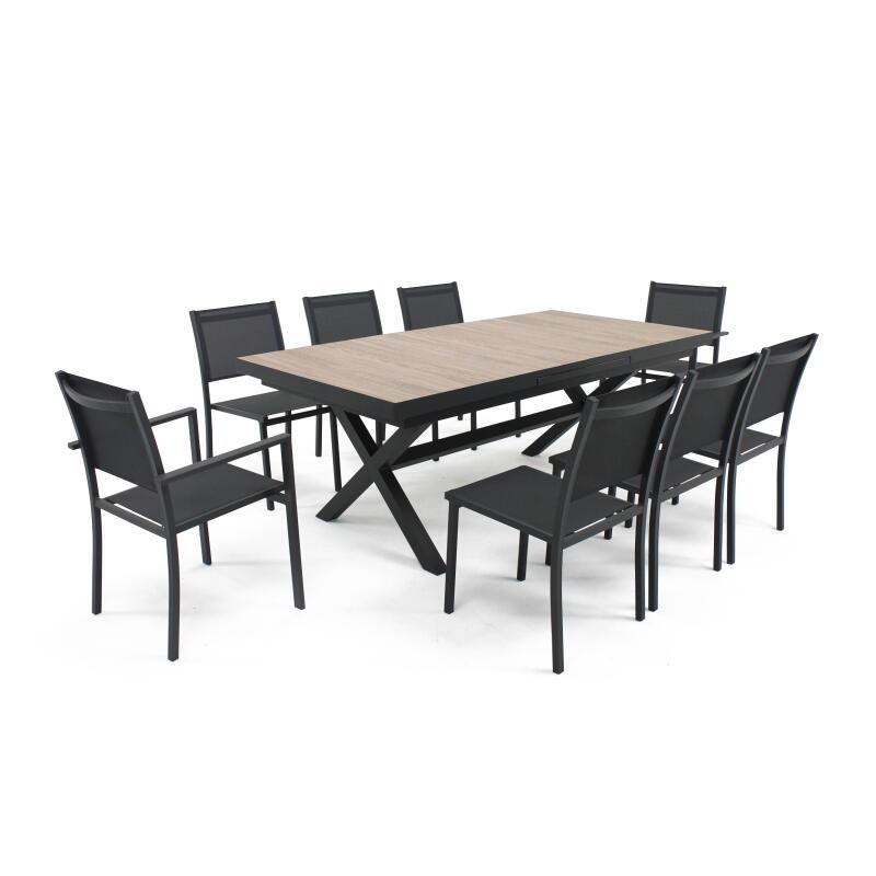 Mesa de jardín rectangular extensible con 8 sillas y 2 sillas con reposabrazos